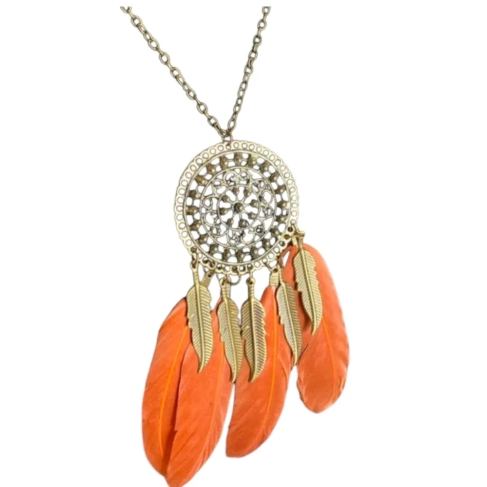 Gold and Orange Dreamcatcher Necklace